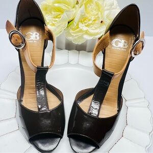 GIANNI BINI Dark Brown Patent T-Strap‎ Heels Ankle Strap Heel *READ DESCRIPTION*